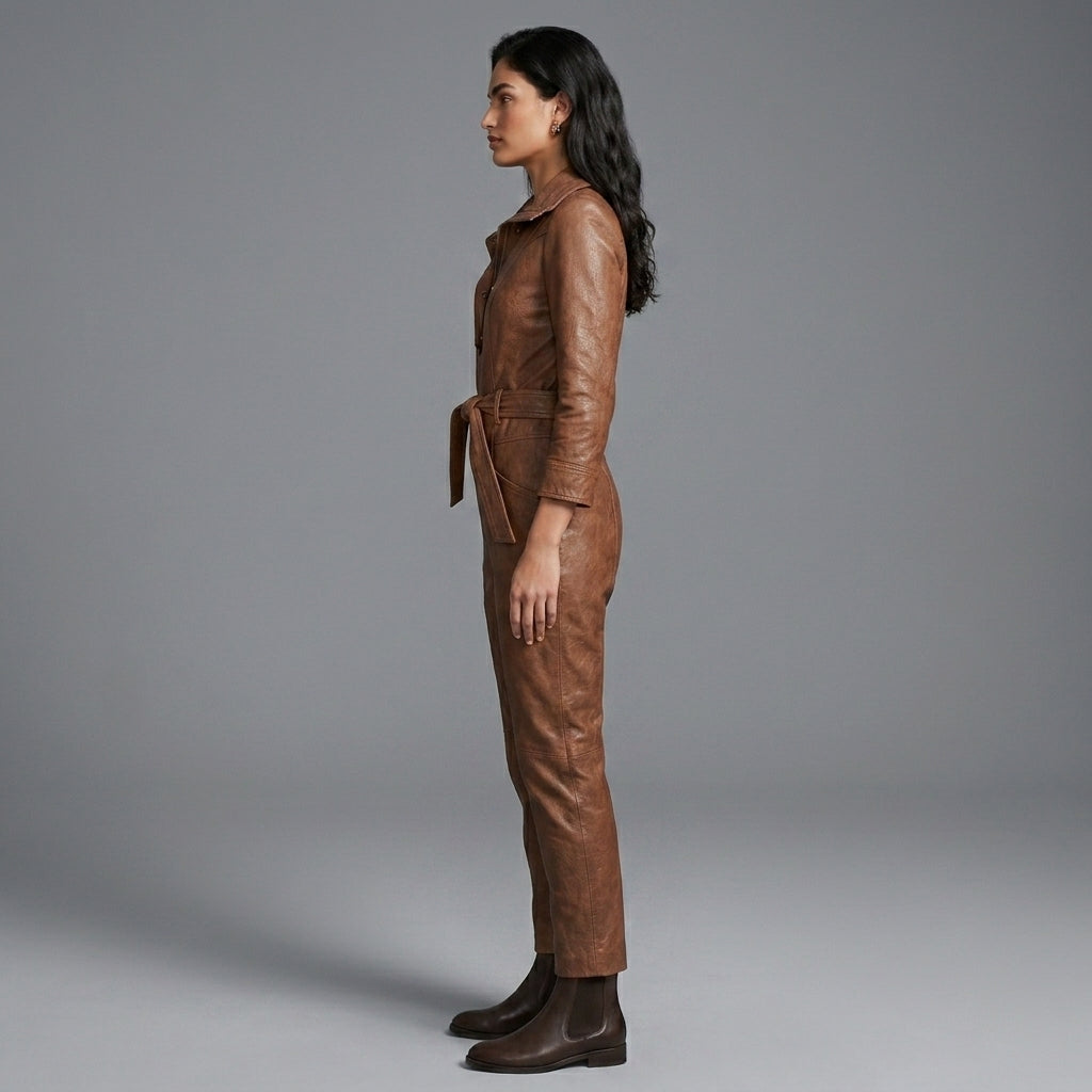 Women’s Brown Belted Leather Utility Jumpsuit