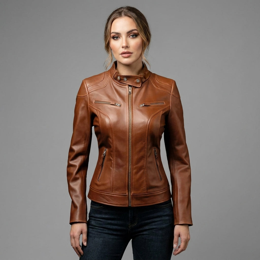 Women's Brown Cafe Racer Biker Leather Jacket