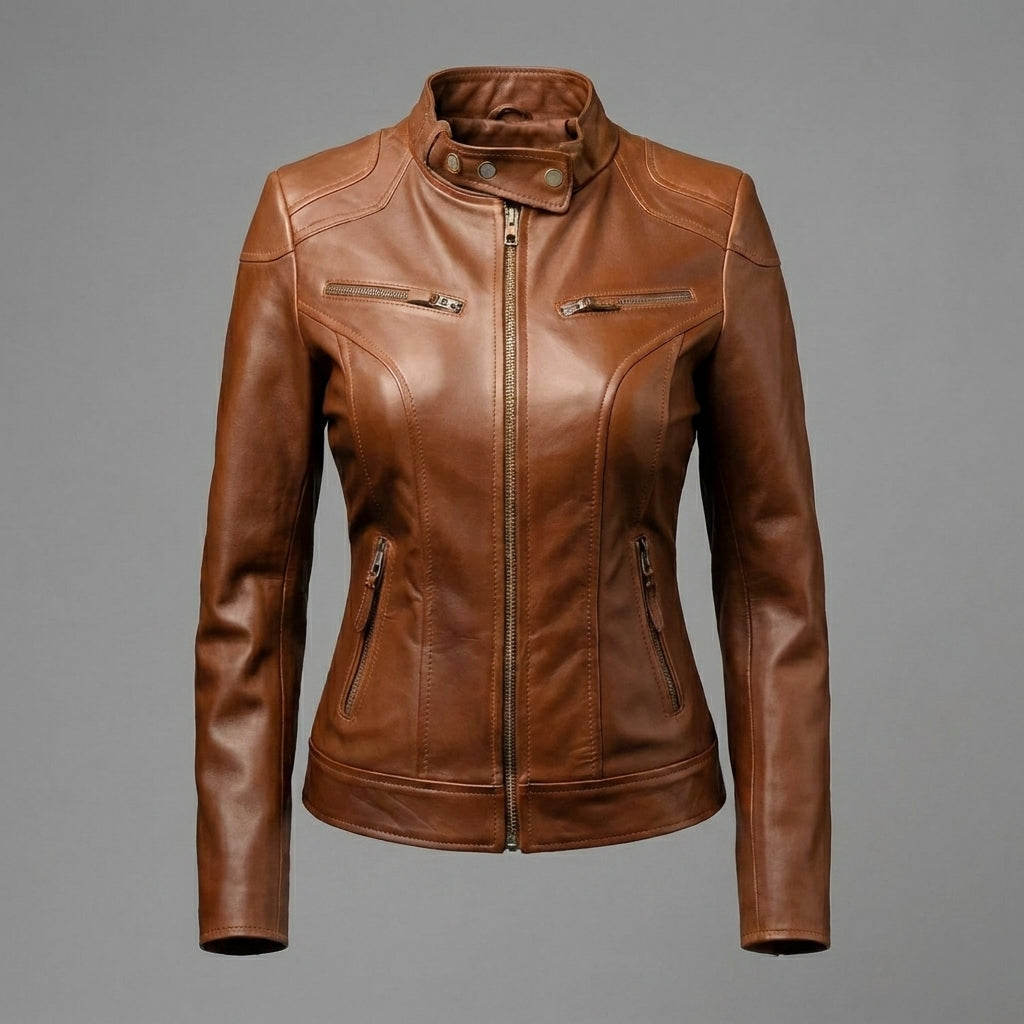 Women's Brown Cafe Racer Biker Leather Jacket