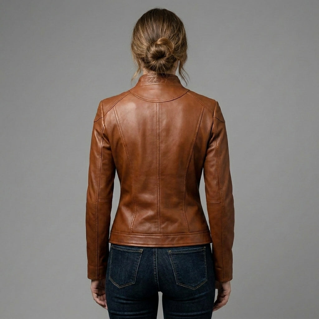 Women's Brown Cafe Racer Biker Leather Jacket