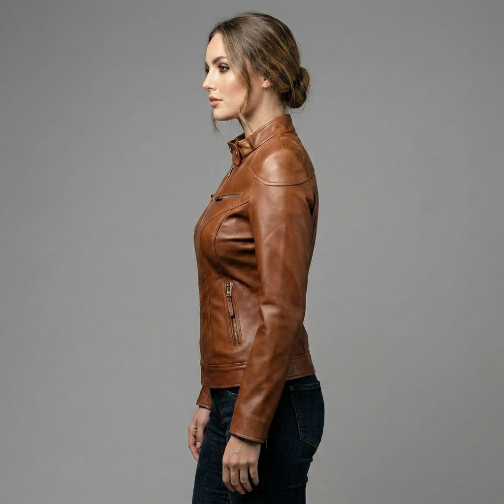 Women's Brown Cafe Racer Biker Leather Jacket