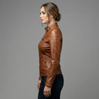Women's Brown Cafe Racer Biker Leather Jacket