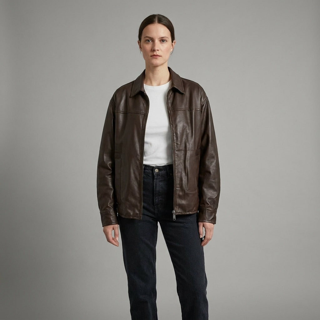 Women’s Brown Casual Leather Jacket – Classic Moto Style