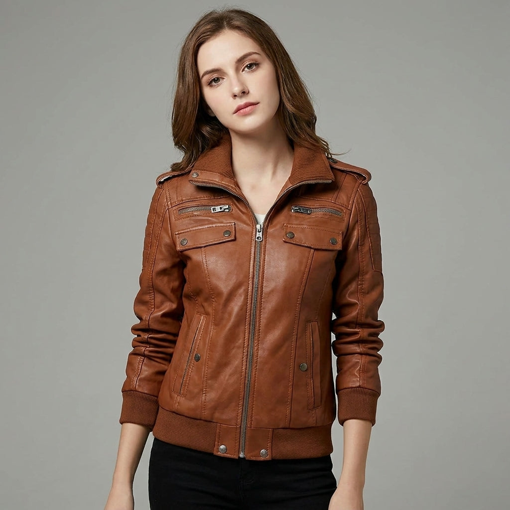 Women’s Brown Classic Leather Bomber Jacket