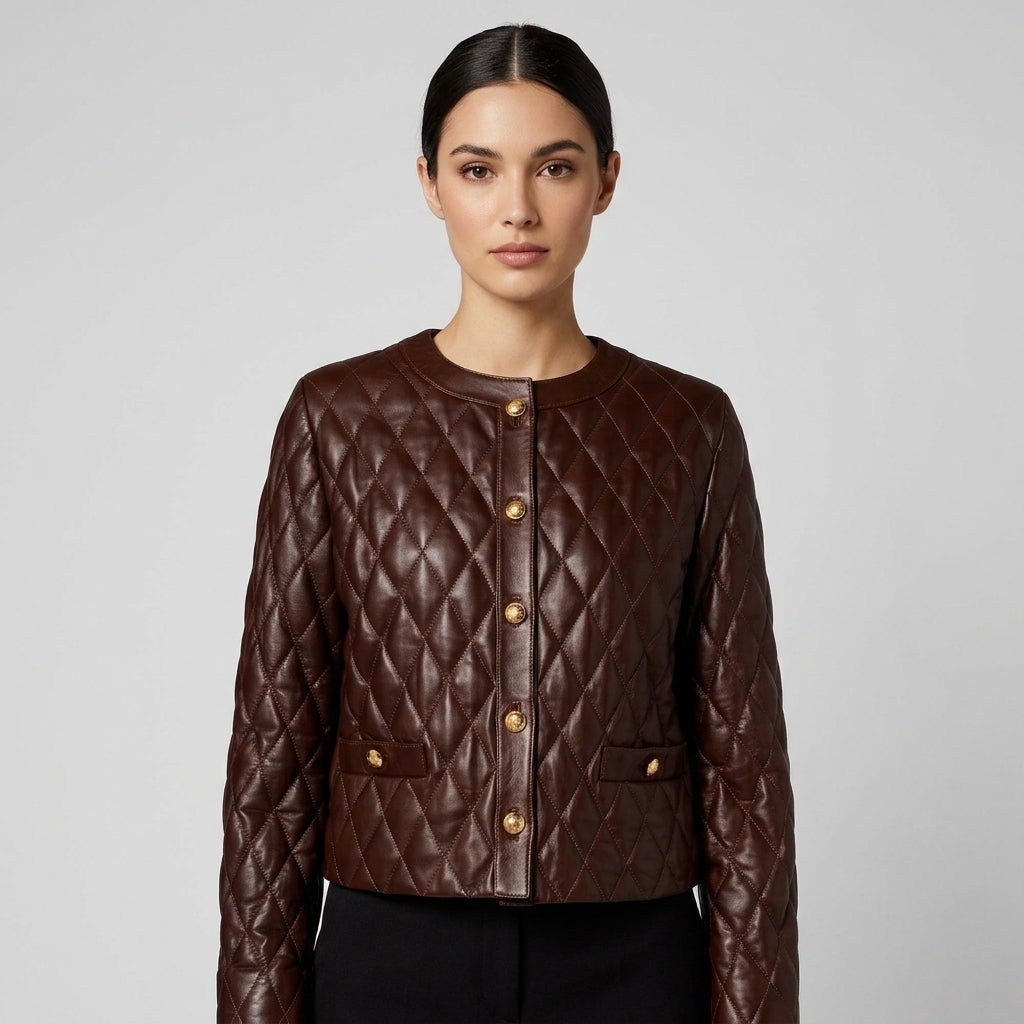 Women's Brown Cropped Quilted Leather Jacket
