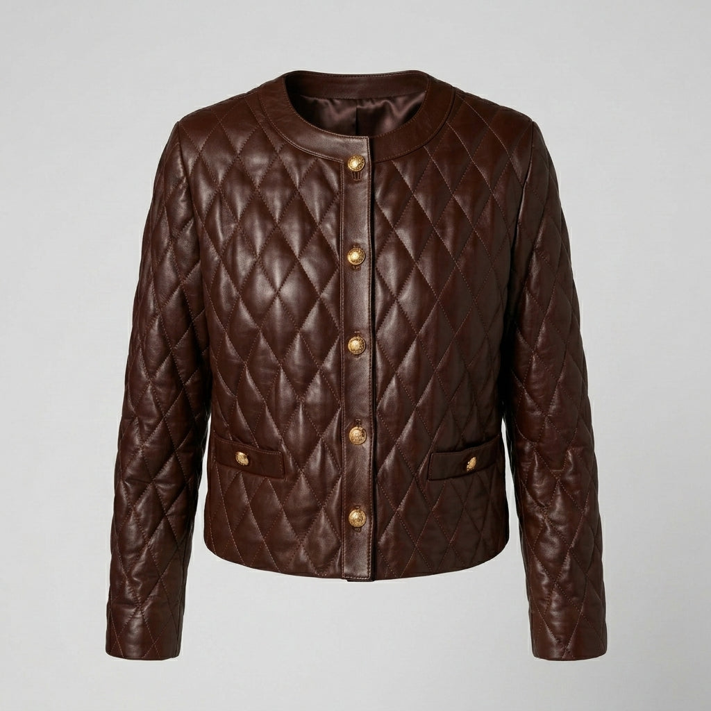 Women's Brown Cropped Quilted Leather Jacket