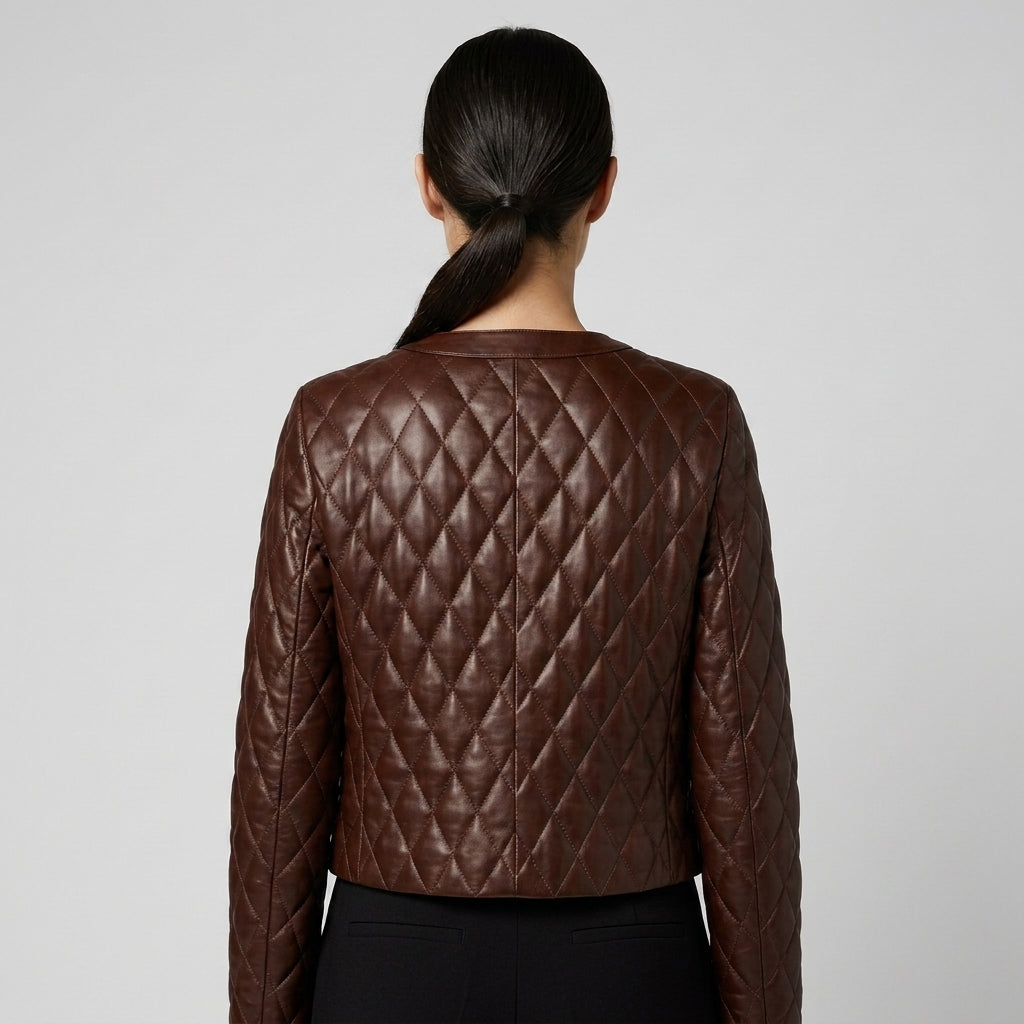 Women's Brown Cropped Quilted Leather Jacket