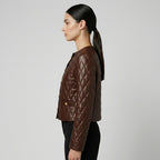Women's Brown Cropped Quilted Leather Jacket