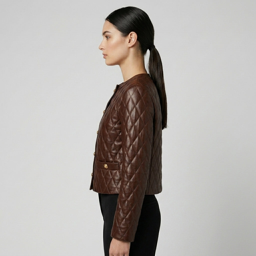 Women's Brown Cropped Quilted Leather Jacket