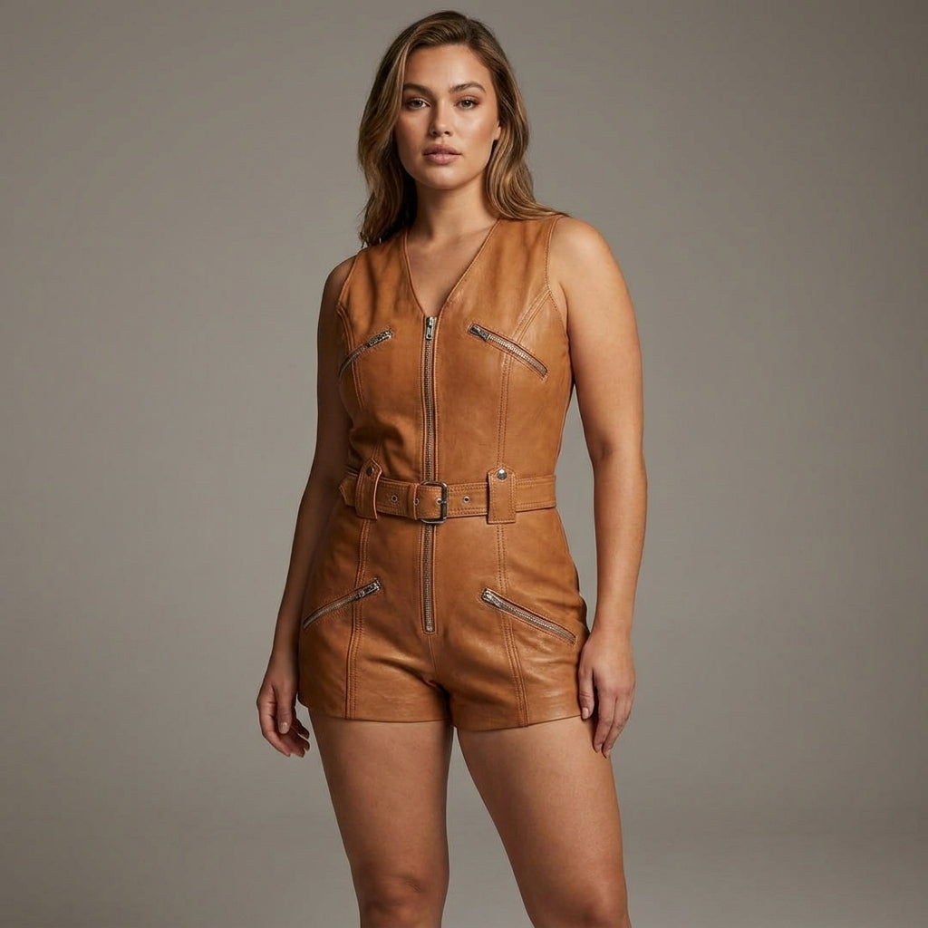 Women’s Brown Faux Leather Short Romper