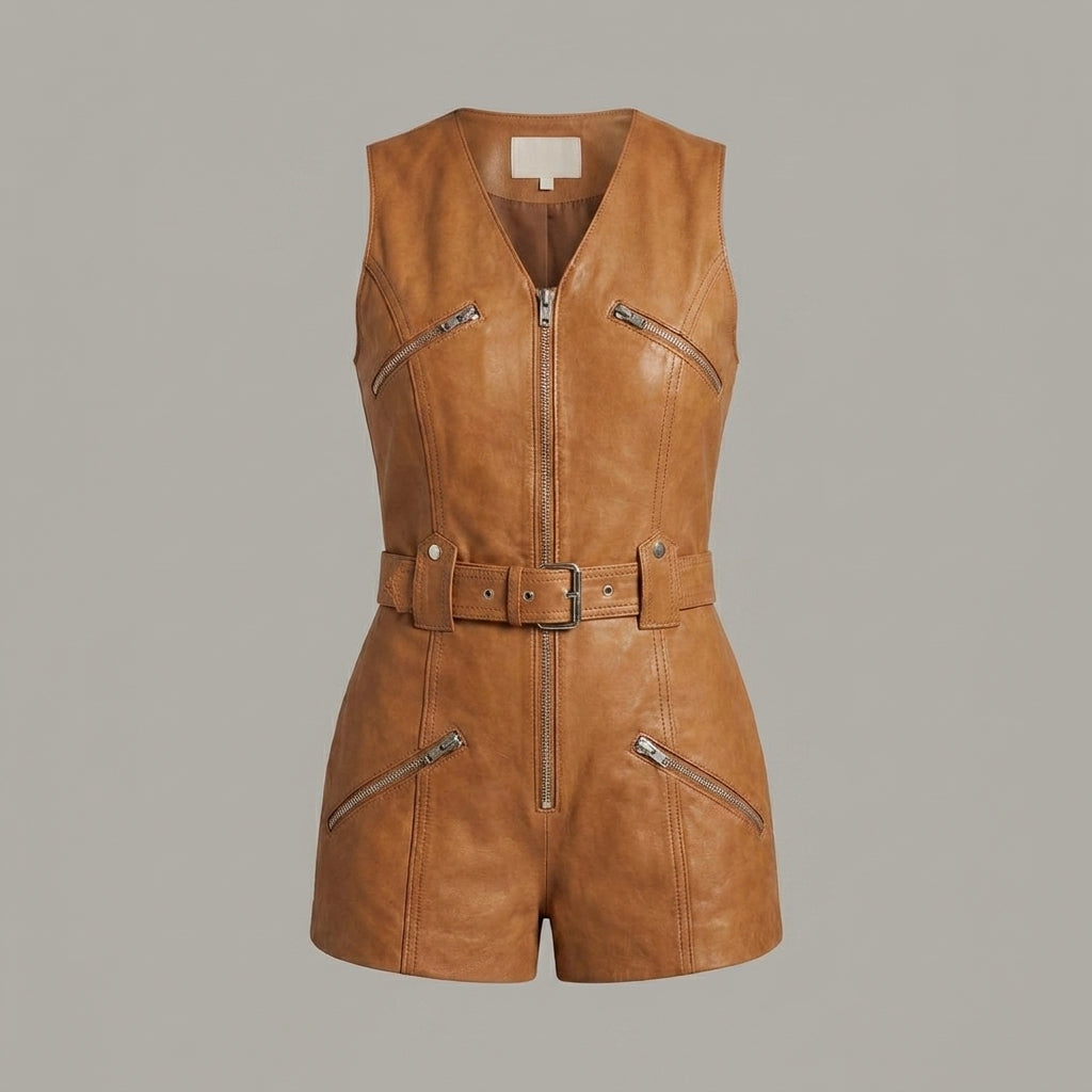Women’s Brown Faux Leather Short Romper