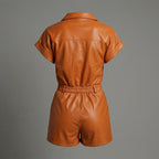 Women’s Brown Faux Leather Snap-Closure Short Rompe