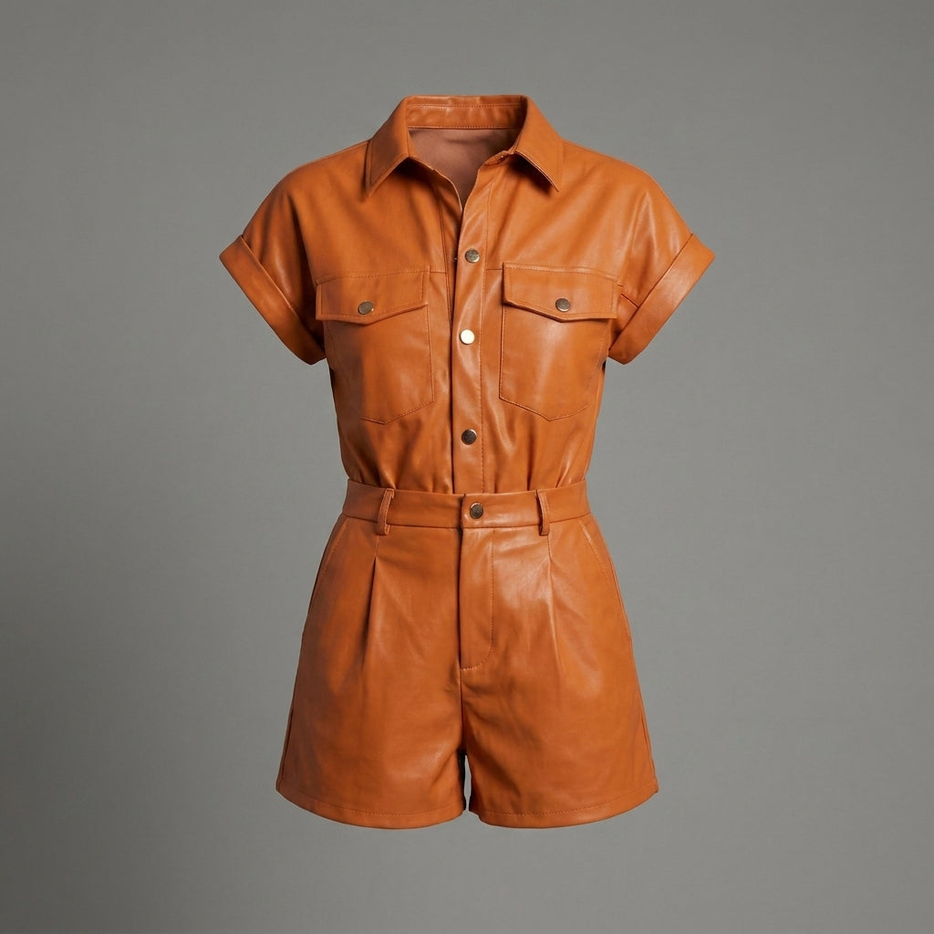 Women’s Brown Faux Leather Snap-Closure Short Rompe
