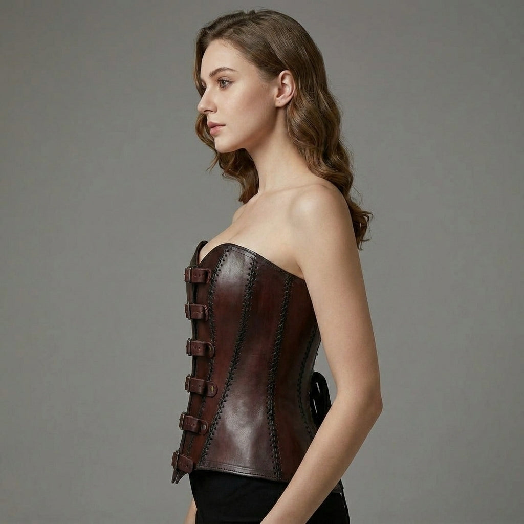 Women's Brown Genuine Leather Corset Top