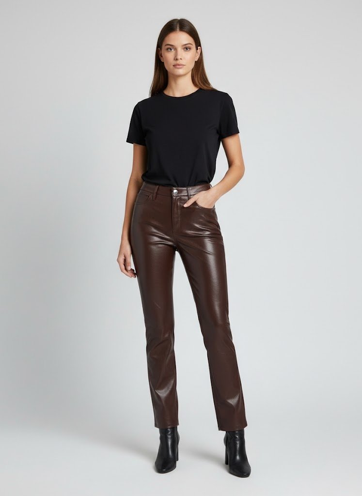 Women’s Brown High-Waist Genuine Leather Pants