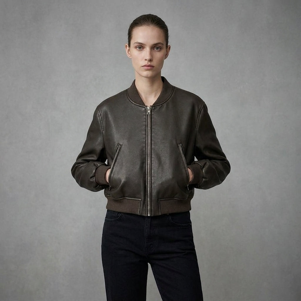Women’s Brown Leather Bomber Jacket