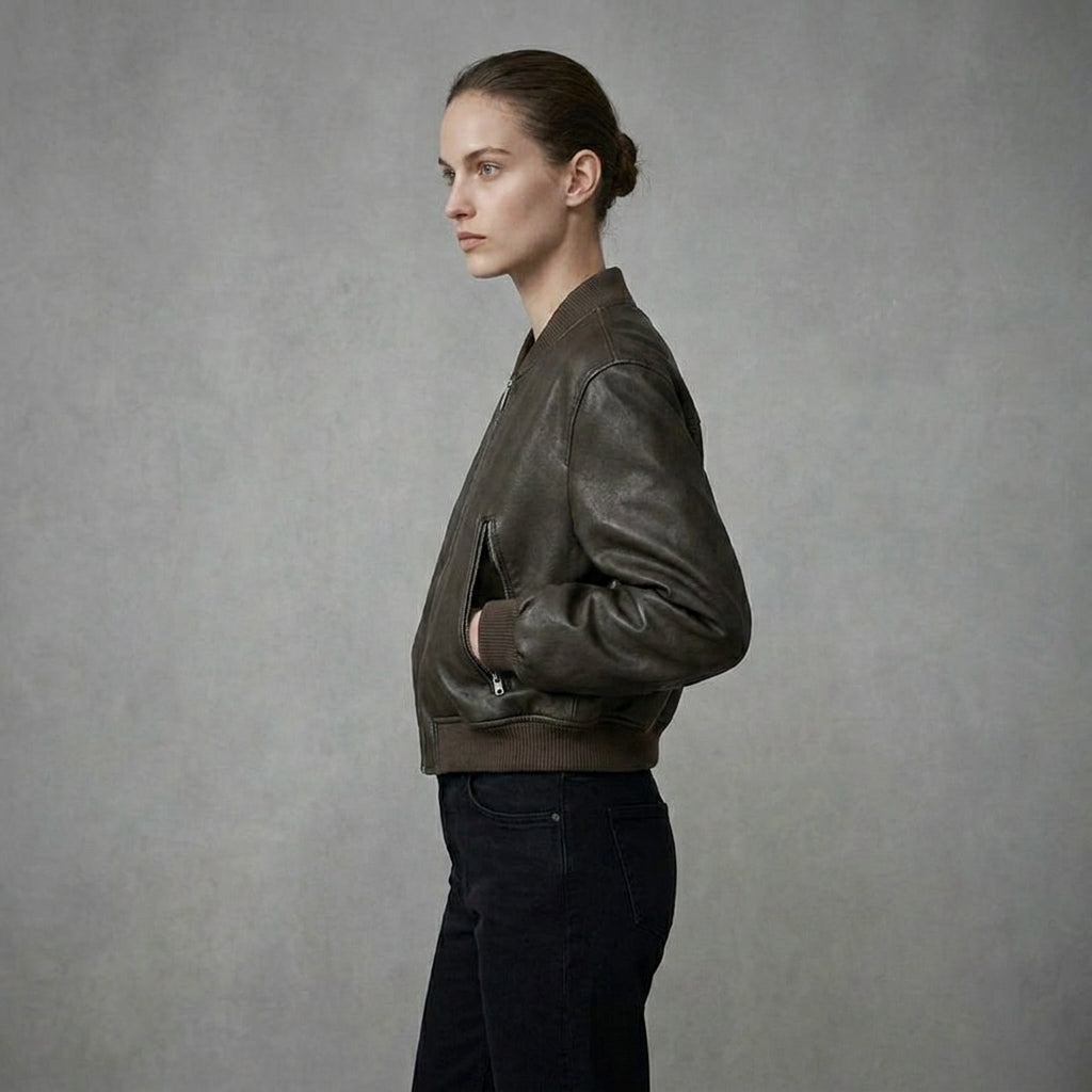 Women’s Brown Leather Bomber Jacket