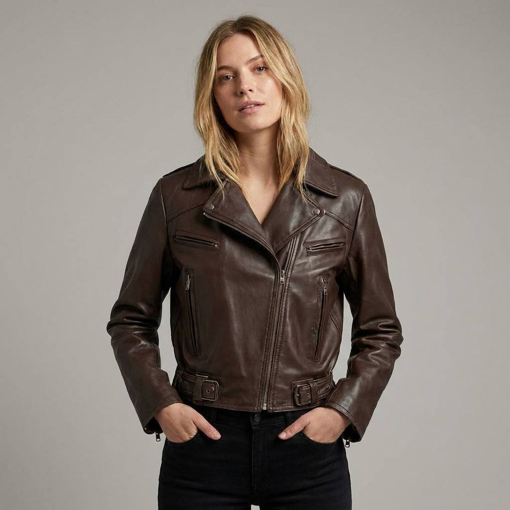 Women’s Brown Leather Moto Biker Jacket