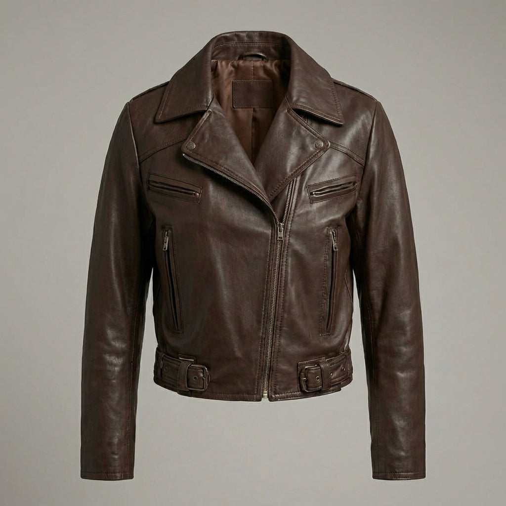 Women’s Brown Leather Moto Biker Jacket