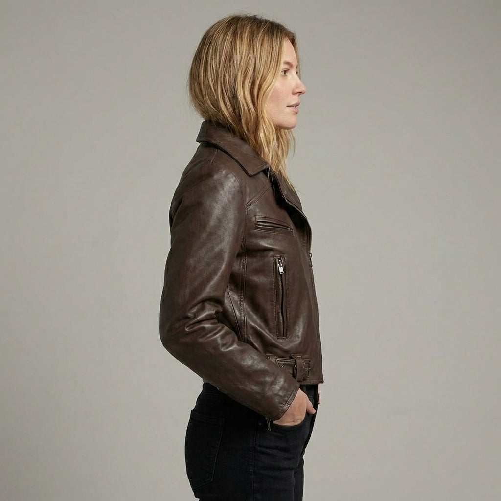 Women’s Brown Leather Moto Biker Jacket