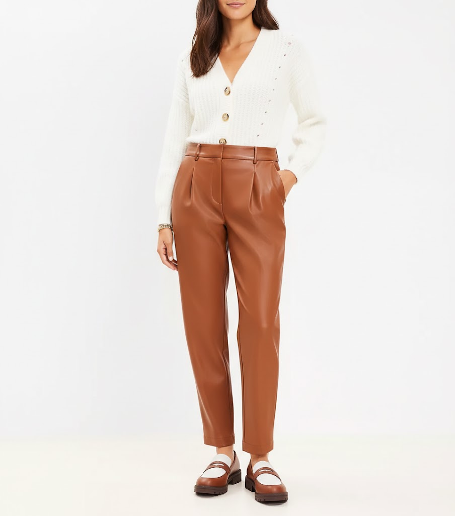 Women’s Brown Loft Faux Leather Pleated Tapered Pants
