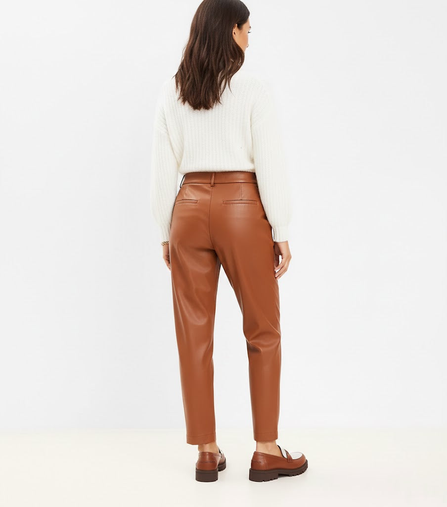 Women’s Brown Loft Faux Leather Pleated Tapered Pants