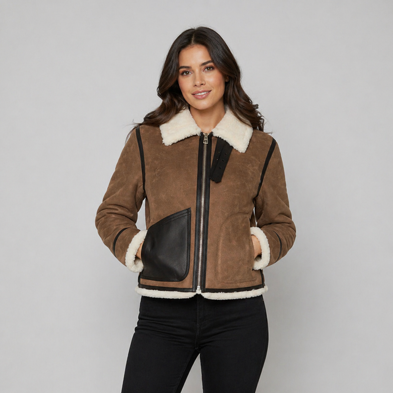 Women’s Brown Shearling Aviator Bomber Jacket