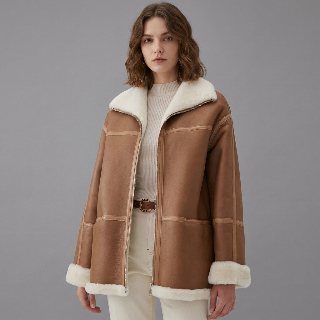 Women’s Brown Sheepskin Aviator Shearling Jacket Coat