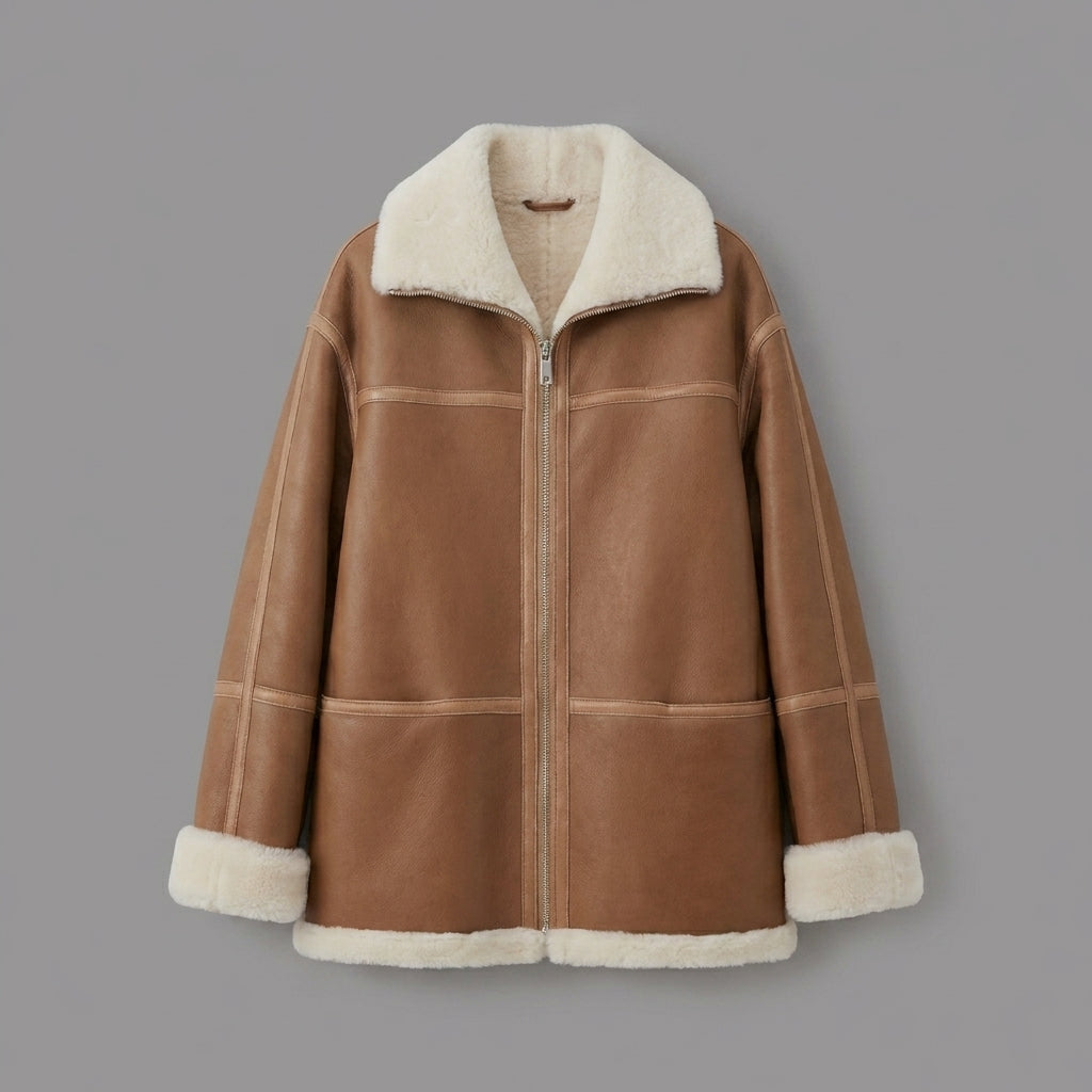 Women’s Brown Sheepskin Aviator Shearling Jacket Coat
