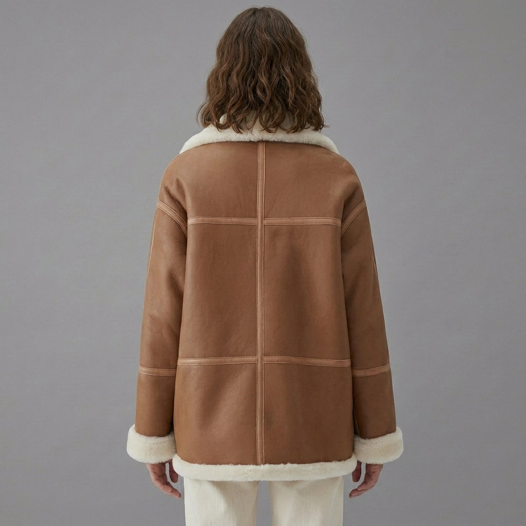 Women’s Brown Sheepskin Aviator Shearling Jacket Coat