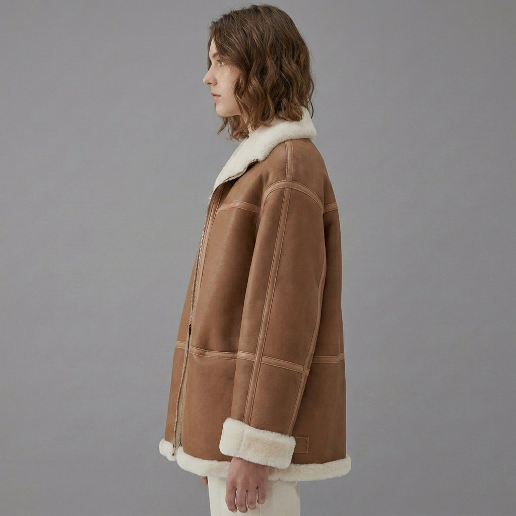 Women’s Brown Sheepskin Aviator Shearling Jacket Coat