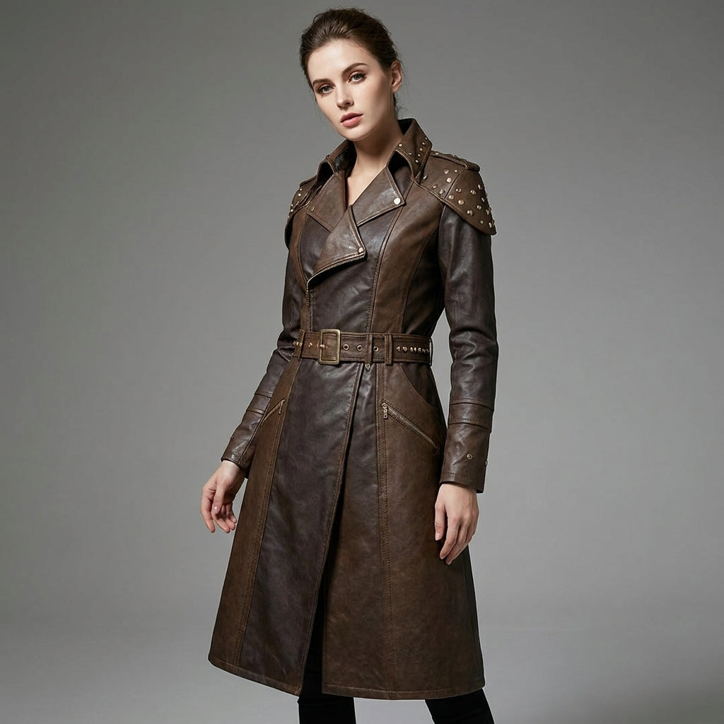 Women’s Brown Studded Faux Leather Trench Coat – Longline Belted Streetwear Jacket
