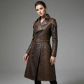 Women’s Brown Studded Faux Leather Trench Coat – Longline Belted Streetwear Jacket