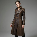 Women’s Brown Studded Faux Leather Trench Coat – Longline Belted Streetwear Jacket