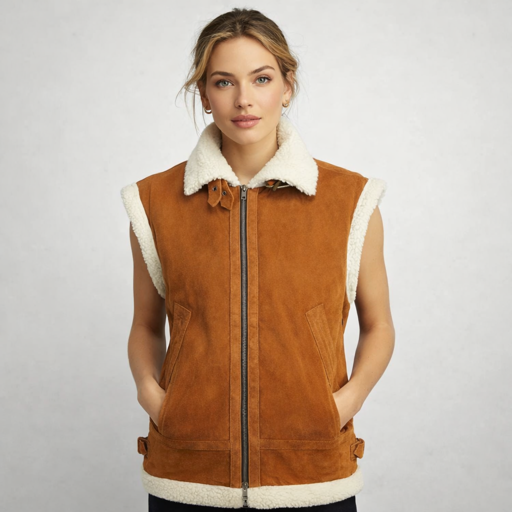 Women's Brown Suede Shearling Leather Vest