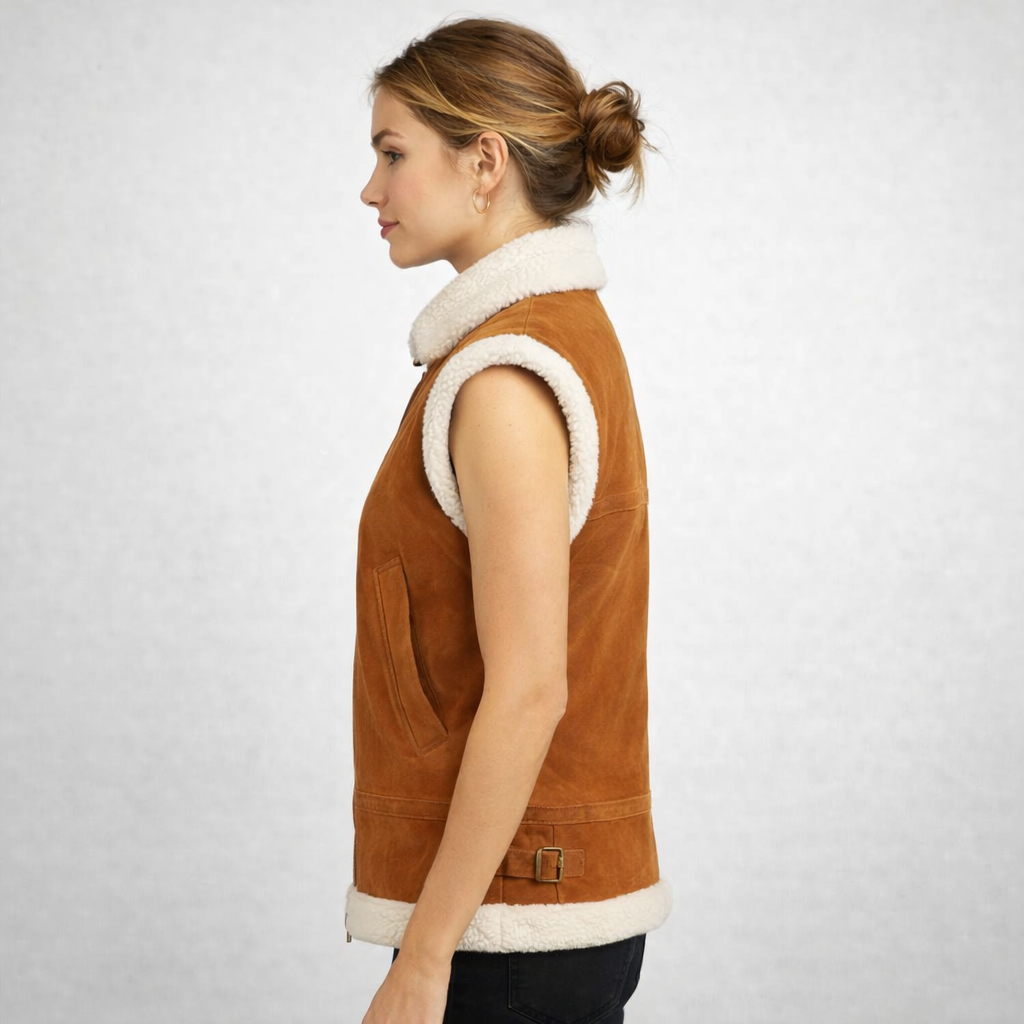 Women's Brown Suede Shearling Leather Vest