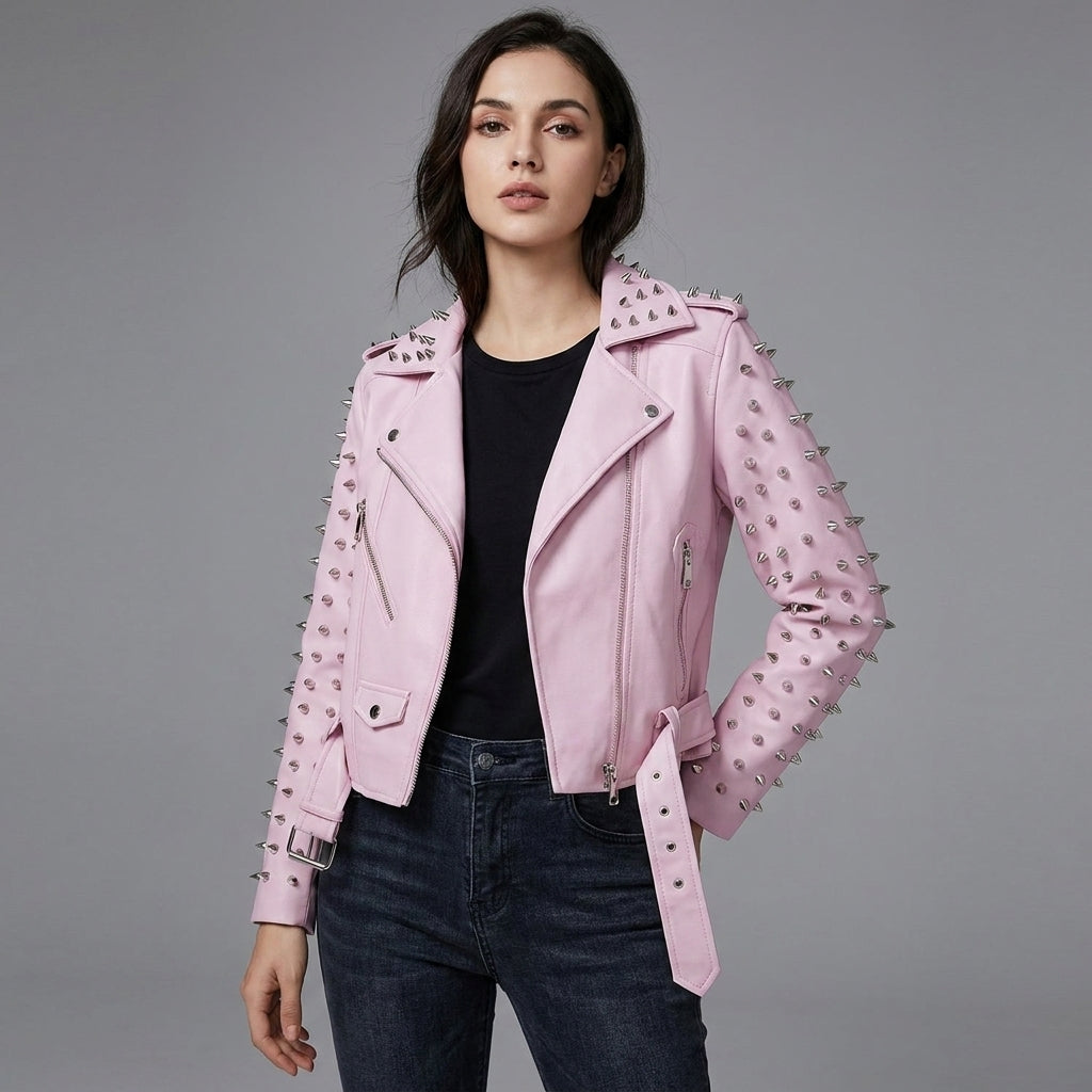 Women’s Bubblegum Pink Spiked Moto Leather Jacket