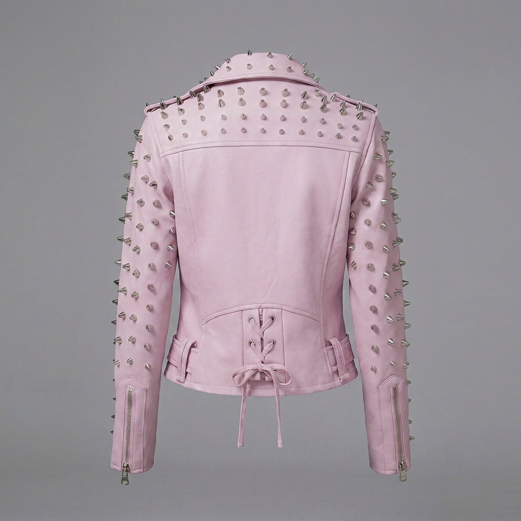 Women’s Bubblegum Pink Spiked Moto Leather Jacket