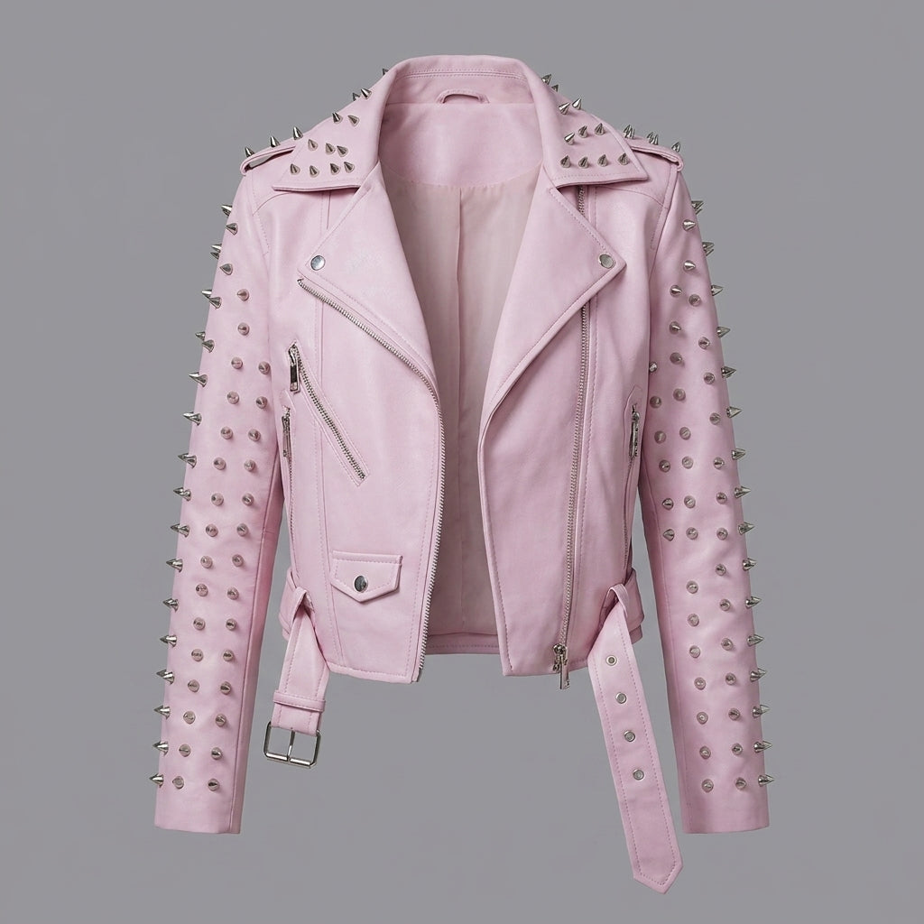 Women’s Bubblegum Pink Spiked Moto Leather Jacket