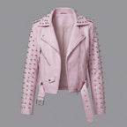 Women’s Bubblegum Pink Spiked Moto Leather Jacket