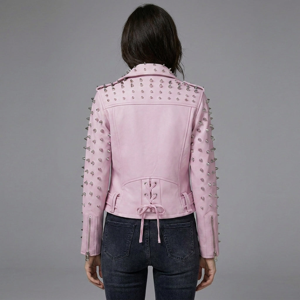 Women’s Bubblegum Pink Spiked Moto Leather Jacket