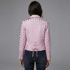 Women’s Bubblegum Pink Spiked Moto Leather Jacket