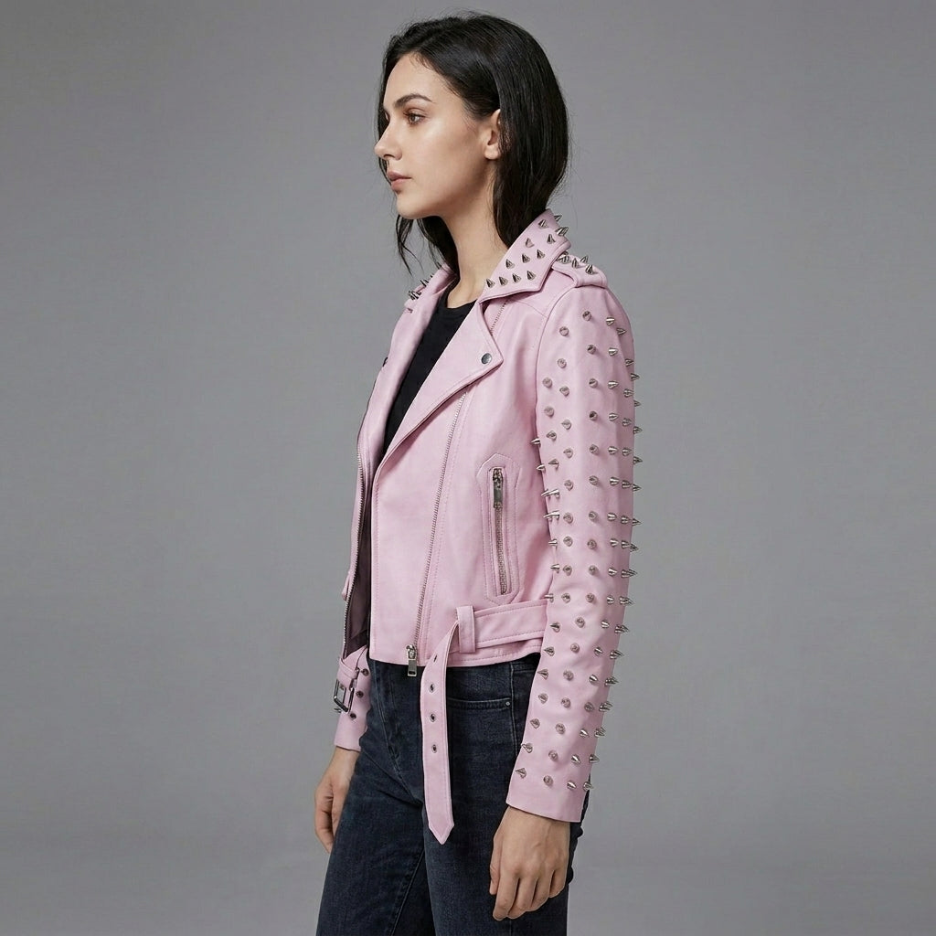 Women’s Bubblegum Pink Spiked Moto Leather Jacket