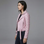 Women’s Bubblegum Pink Spiked Moto Leather Jacket