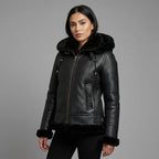 Women’s Classic Black B3 Shearling Bomber Jacket with Hood