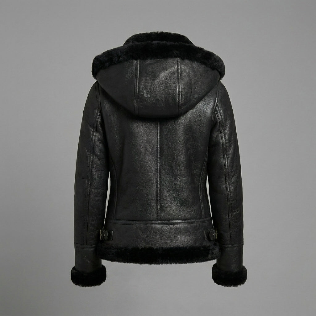 Women’s Classic Black B3 Shearling Bomber Jacket with Hood