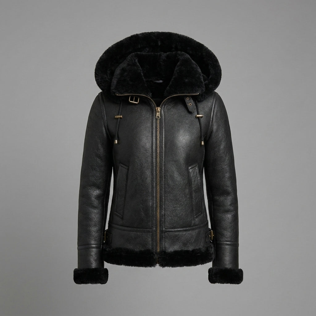Women’s Classic Black B3 Shearling Bomber Jacket with Hood