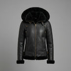 Women’s Classic Black B3 Shearling Bomber Jacket with Hood