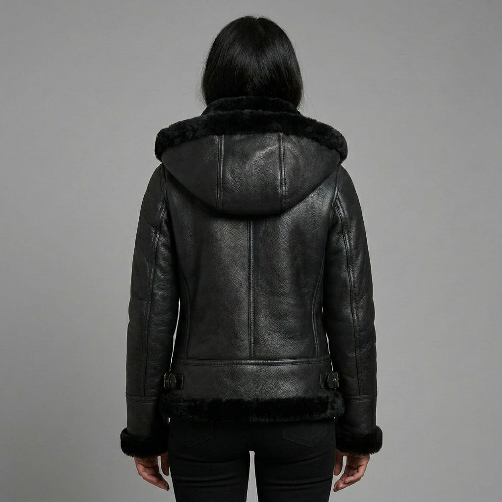 Women’s Classic Black B3 Shearling Bomber Jacket with Hood