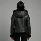 Women’s Classic Black B3 Shearling Bomber Jacket with Hood